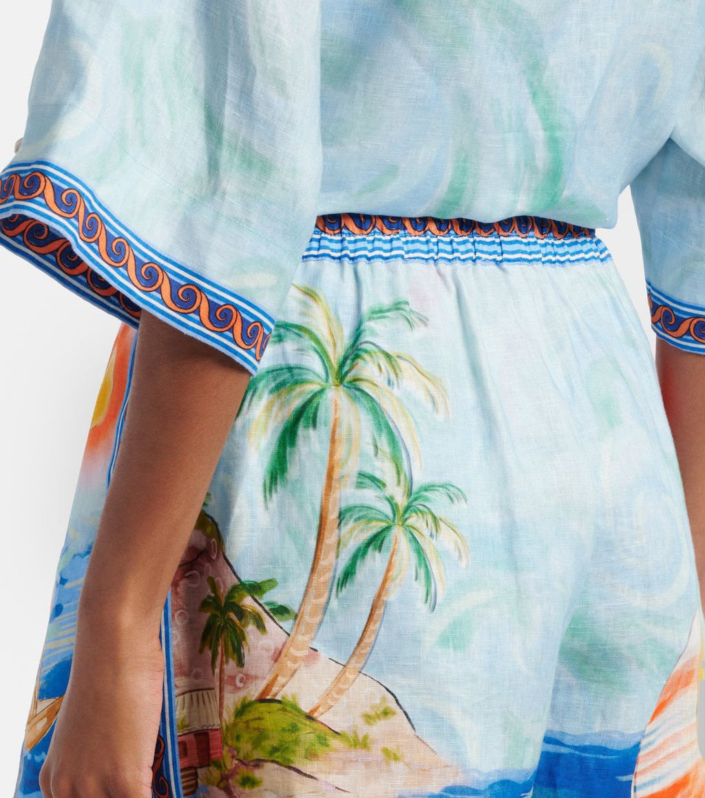 Alémais Resort Scene Print Linen Shirt and Drawstring Shorts Set