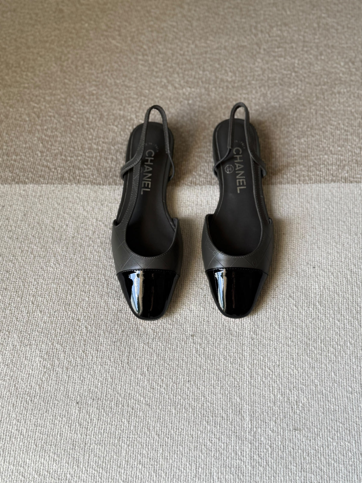 CHANEL Quilted Patent Cap-Toe Slingback Flats