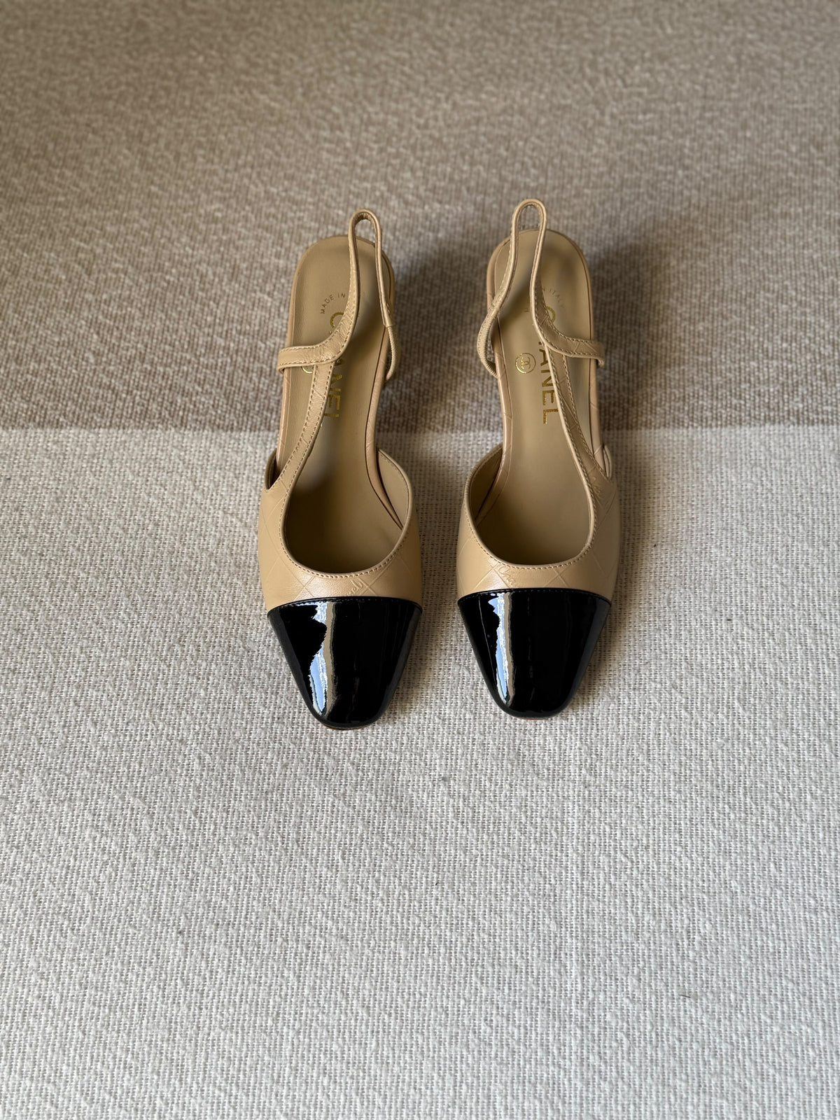 CHANEL Quilted Patent Cap-Toe Block Heels