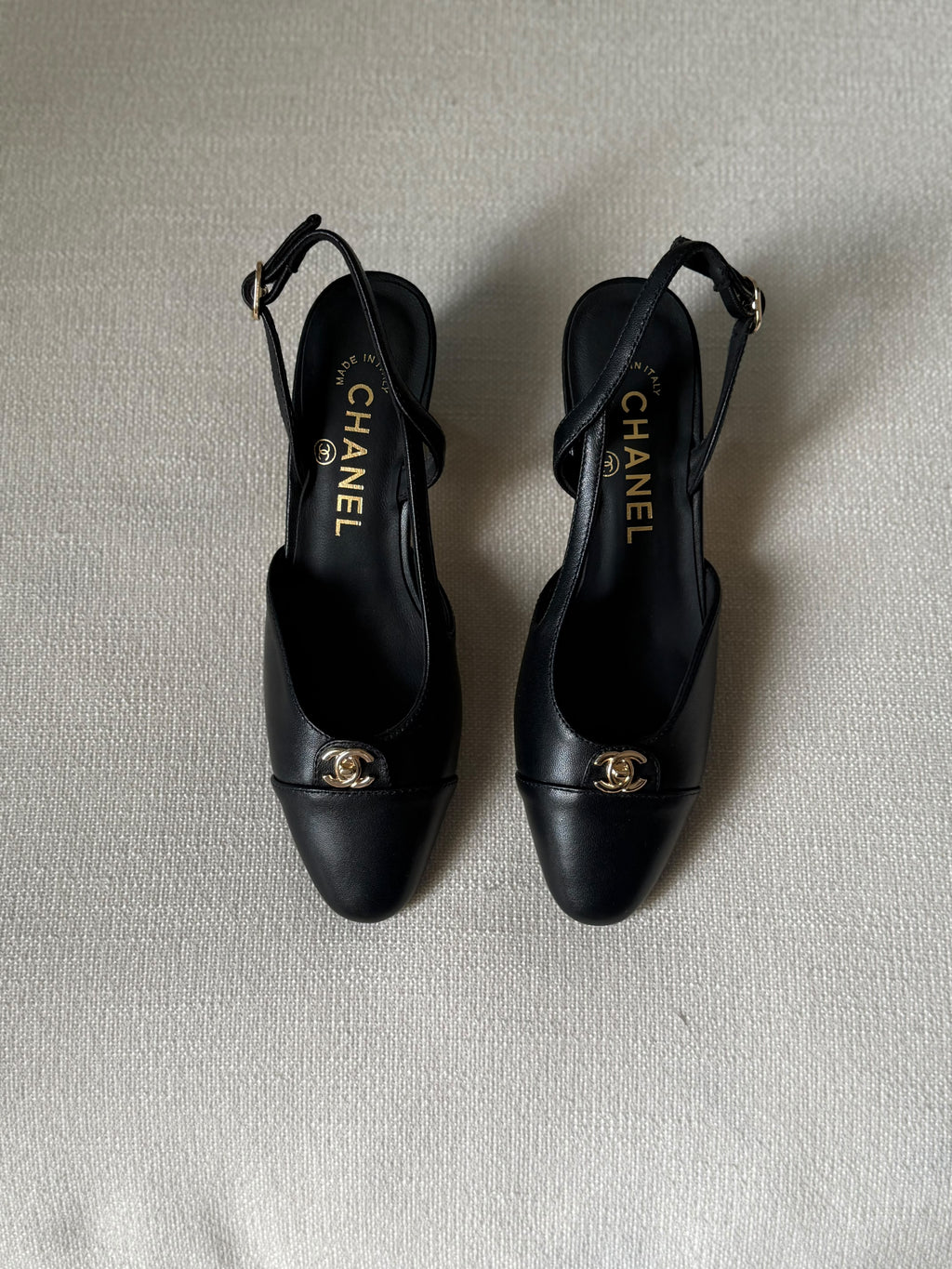 CHANEL Gold CC Cap-Toe Slingback Heels