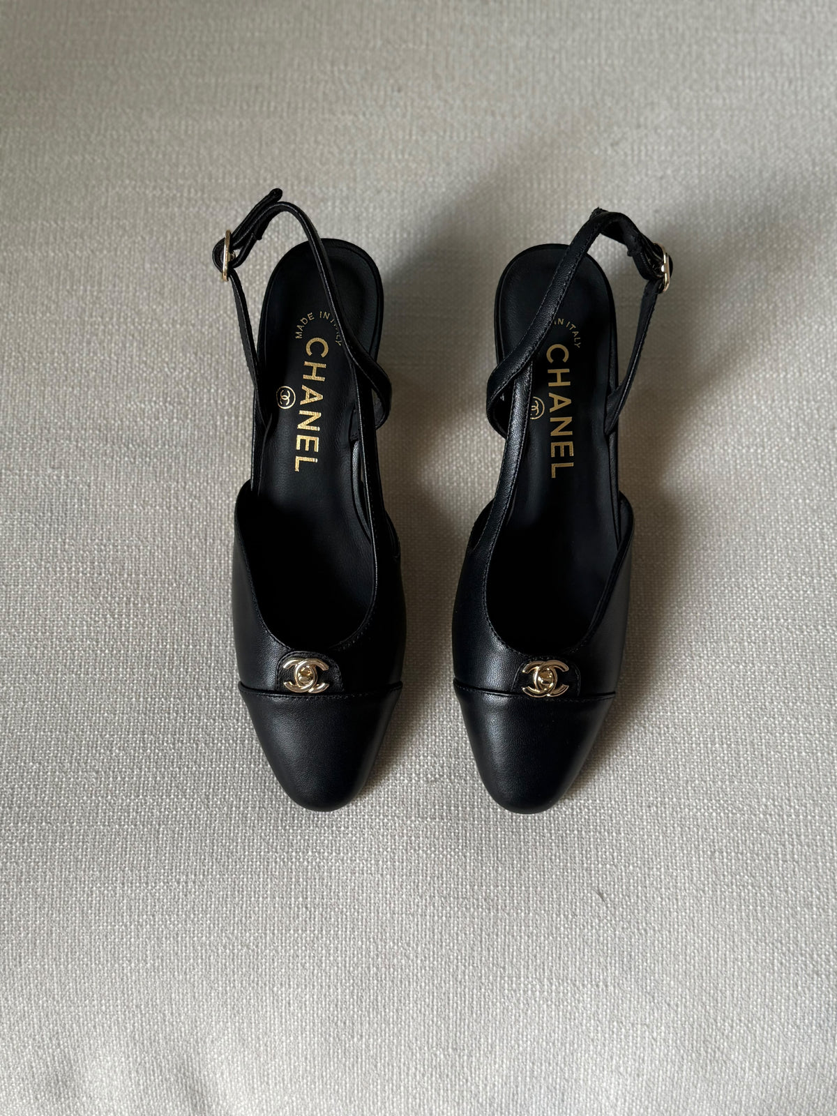 CHANEL Gold CC Cap-Toe Slingback Heels
