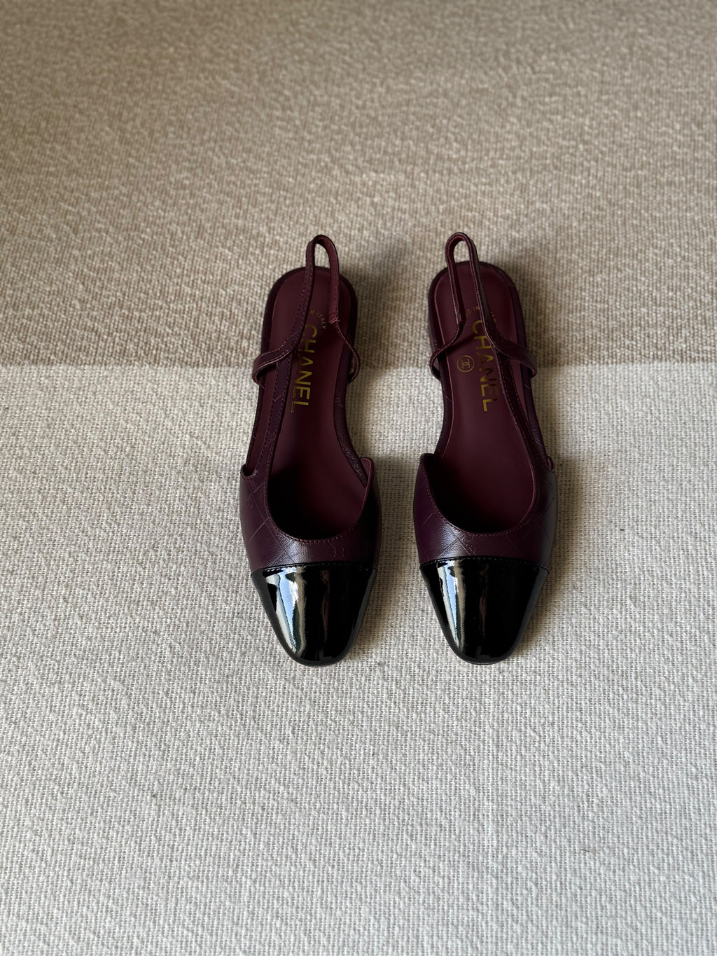 CHANEL Quilted Patent Cap-Toe Slingback Flats