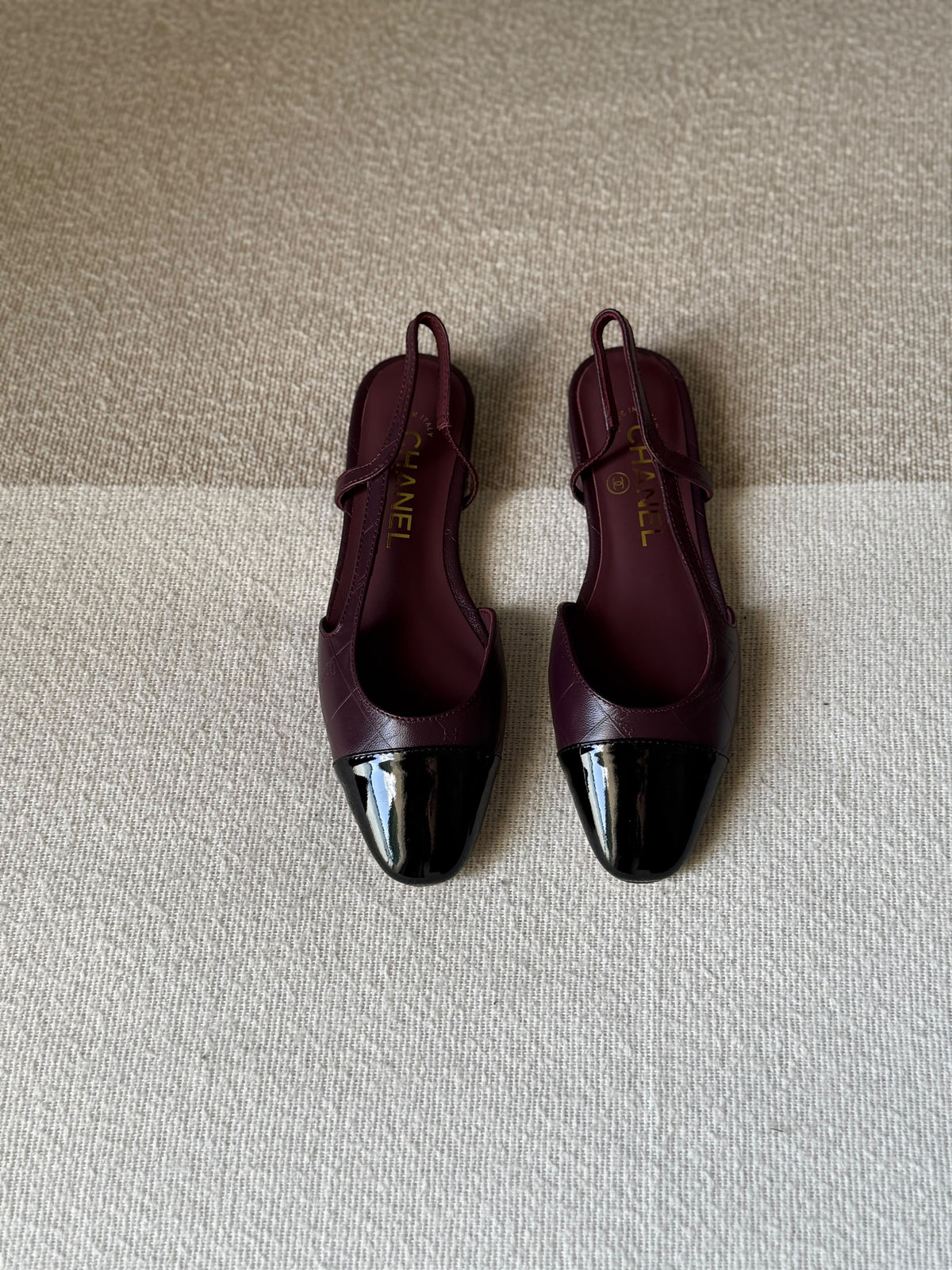CHANEL Quilted Patent Cap-Toe Slingback Flats