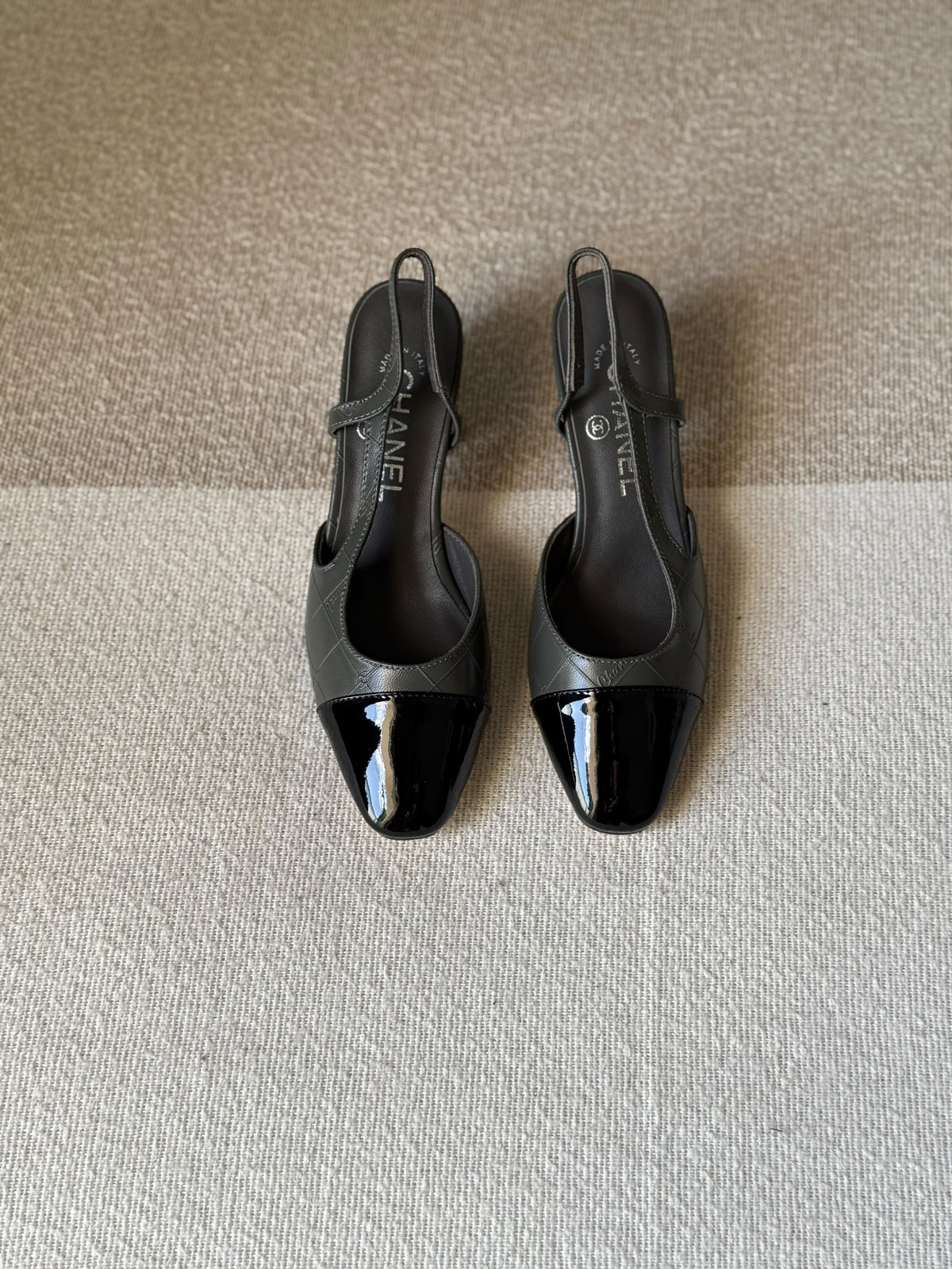 CHANEL Quilted Patent Cap-Toe Block Heels