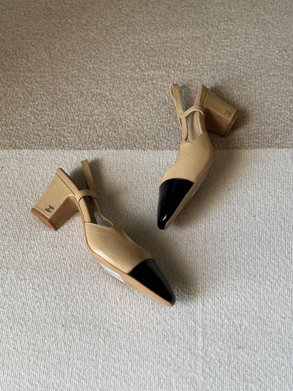 CHANEL Quilted Patent Cap-Toe Block Heels