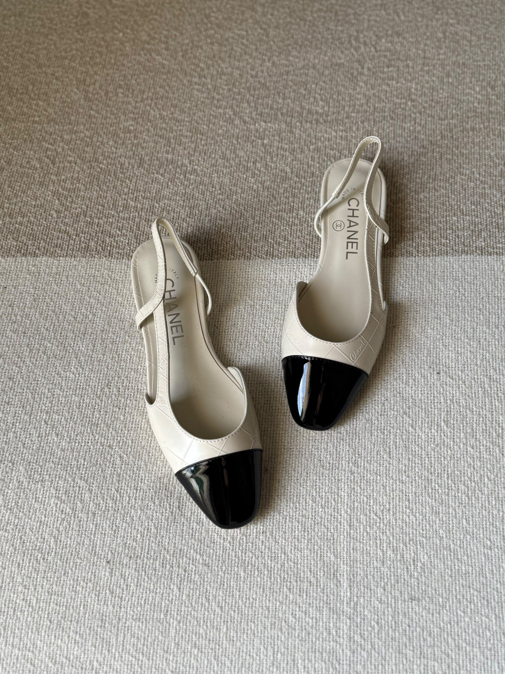 CHANEL Quilted Patent Cap-Toe Slingback Flats