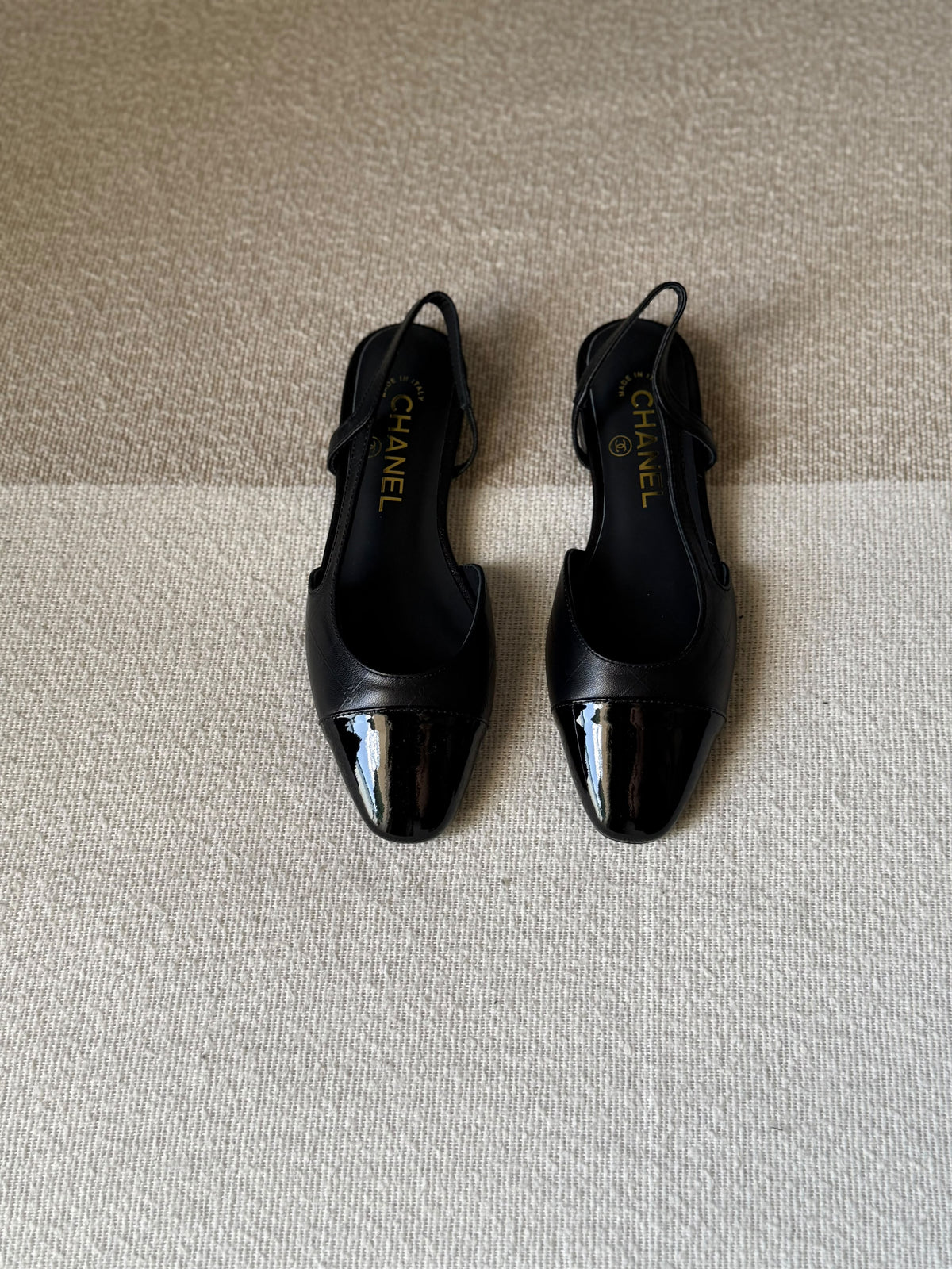 CHANEL Quilted Patent Cap-Toe Slingback Flats
