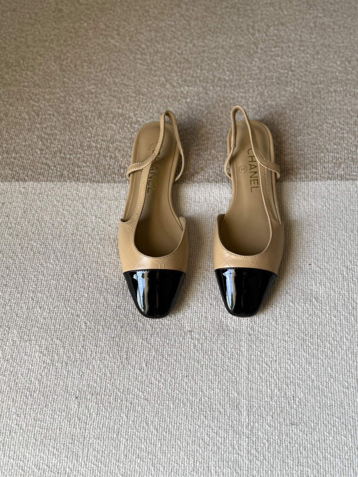 CHANEL Quilted Patent Cap-Toe Slingback Flats