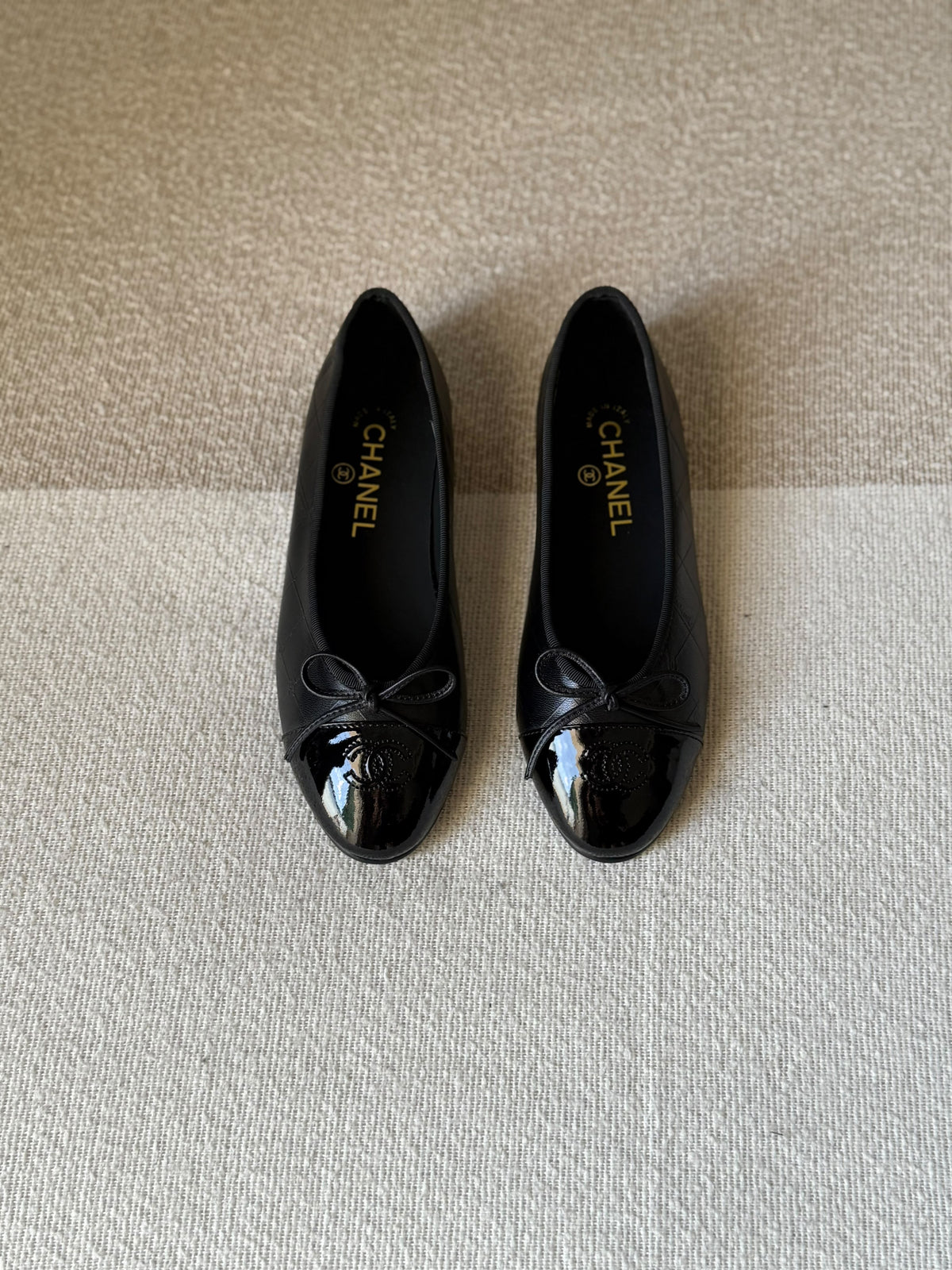 CHANEL Quilted Bow Patent Cap-Toe Ballet Flats