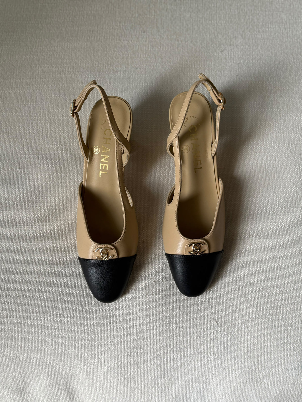 CHANEL Gold CC Cap-Toe Slingback Heels