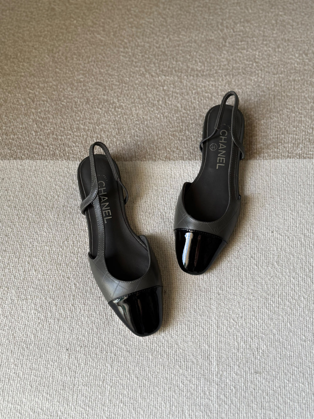 CHANEL Quilted Patent Cap-Toe Slingback Flats