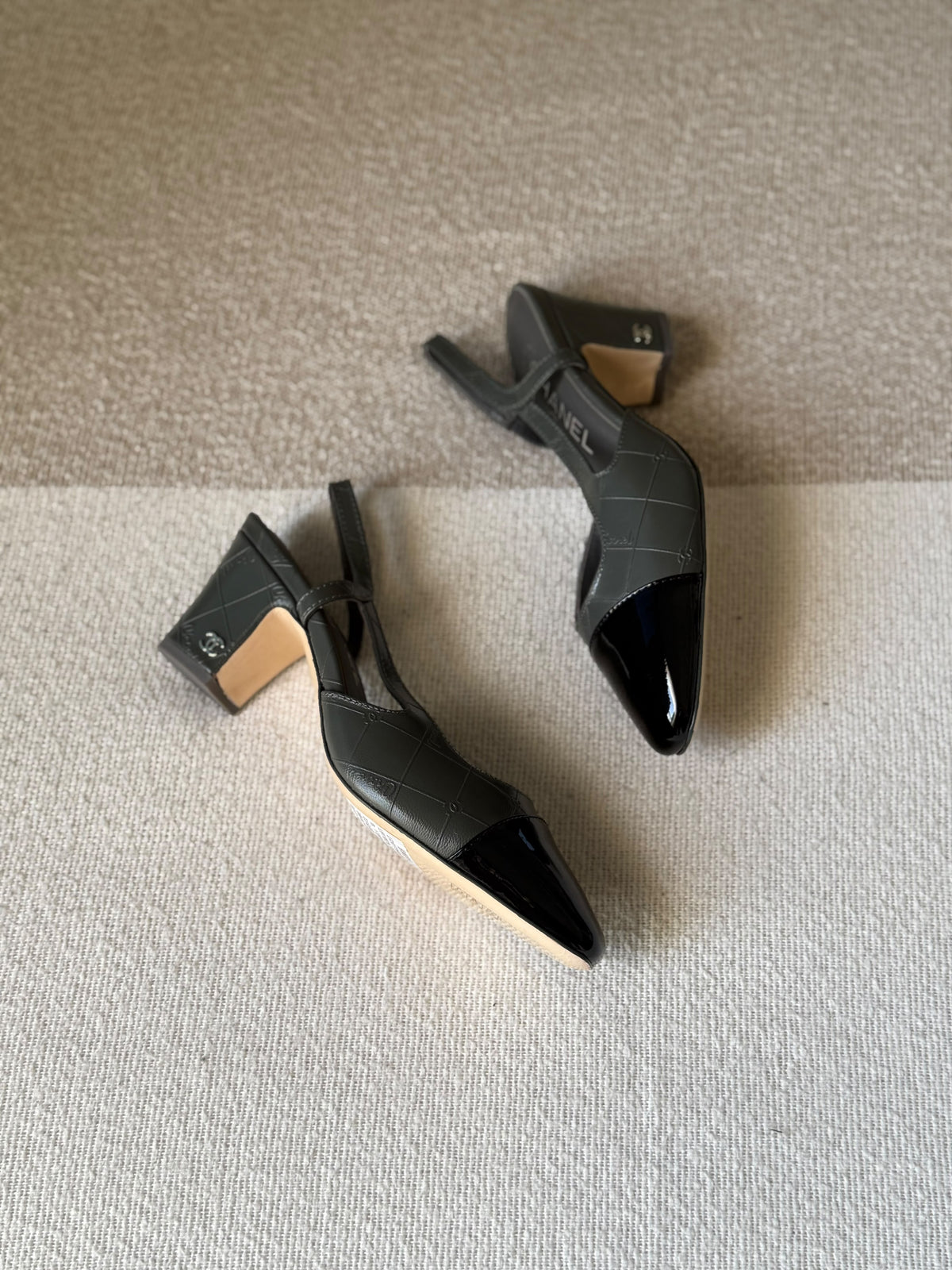 CHANEL Quilted Patent Cap-Toe Block Heels