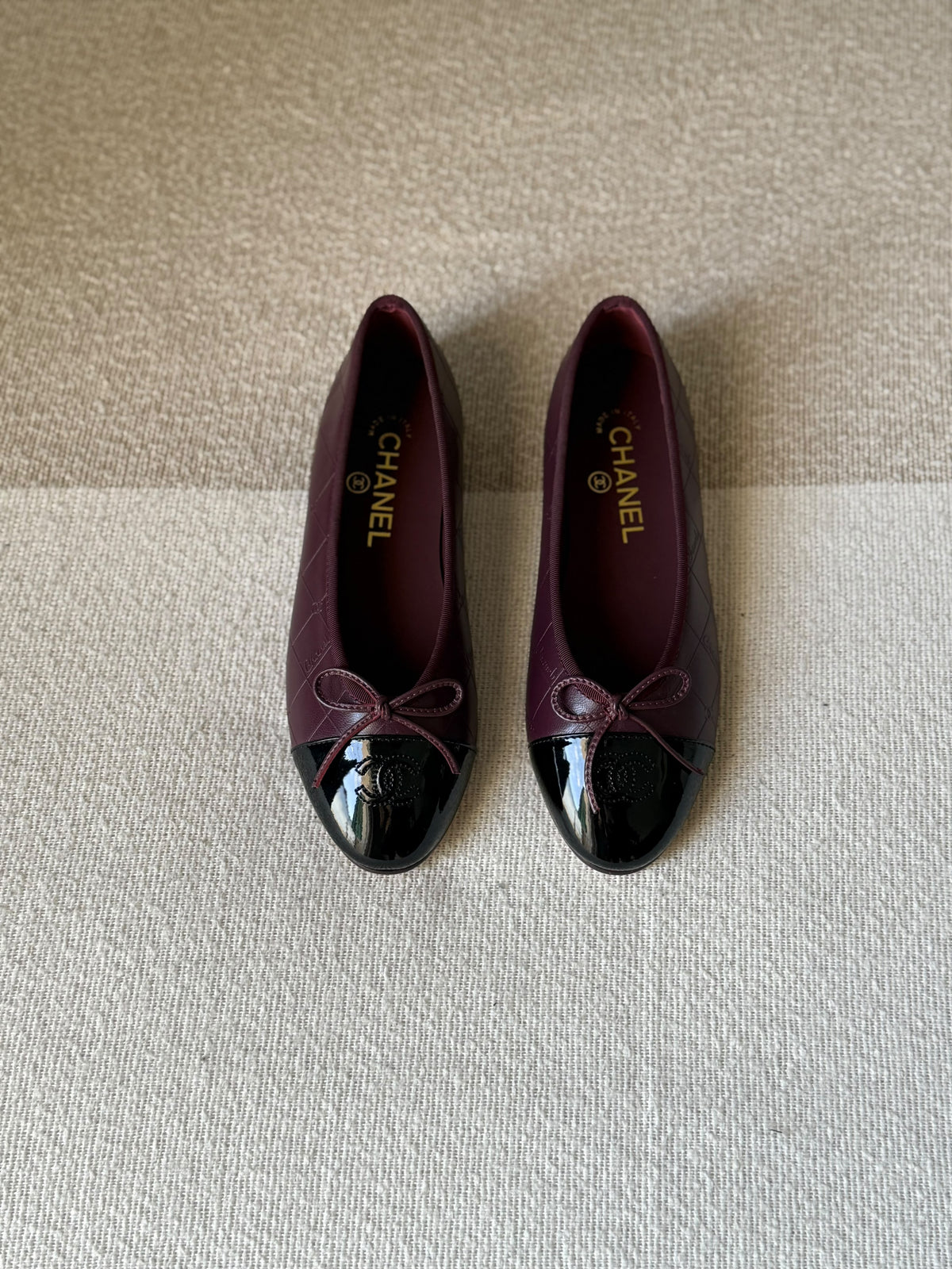 CHANEL Quilted Bow Patent Cap-Toe Ballet Flats