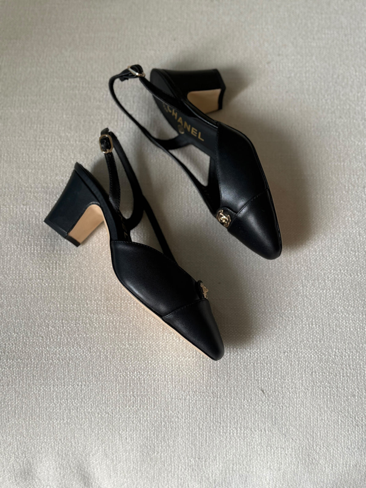 CHANEL Gold CC Cap-Toe Slingback Heels