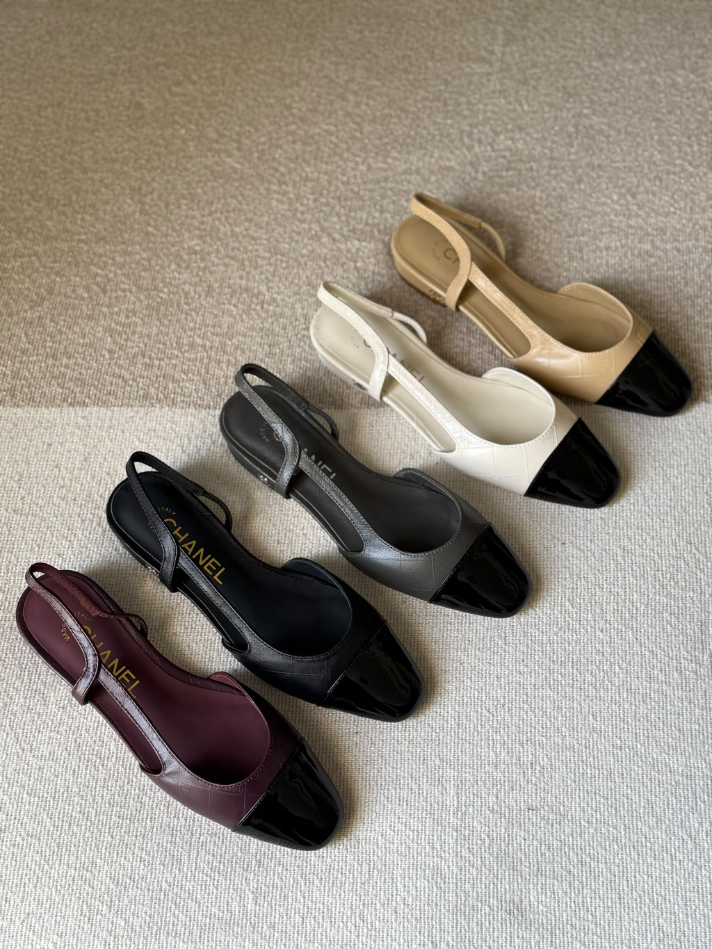 CHANEL Quilted Patent Cap-Toe Slingback Flats
