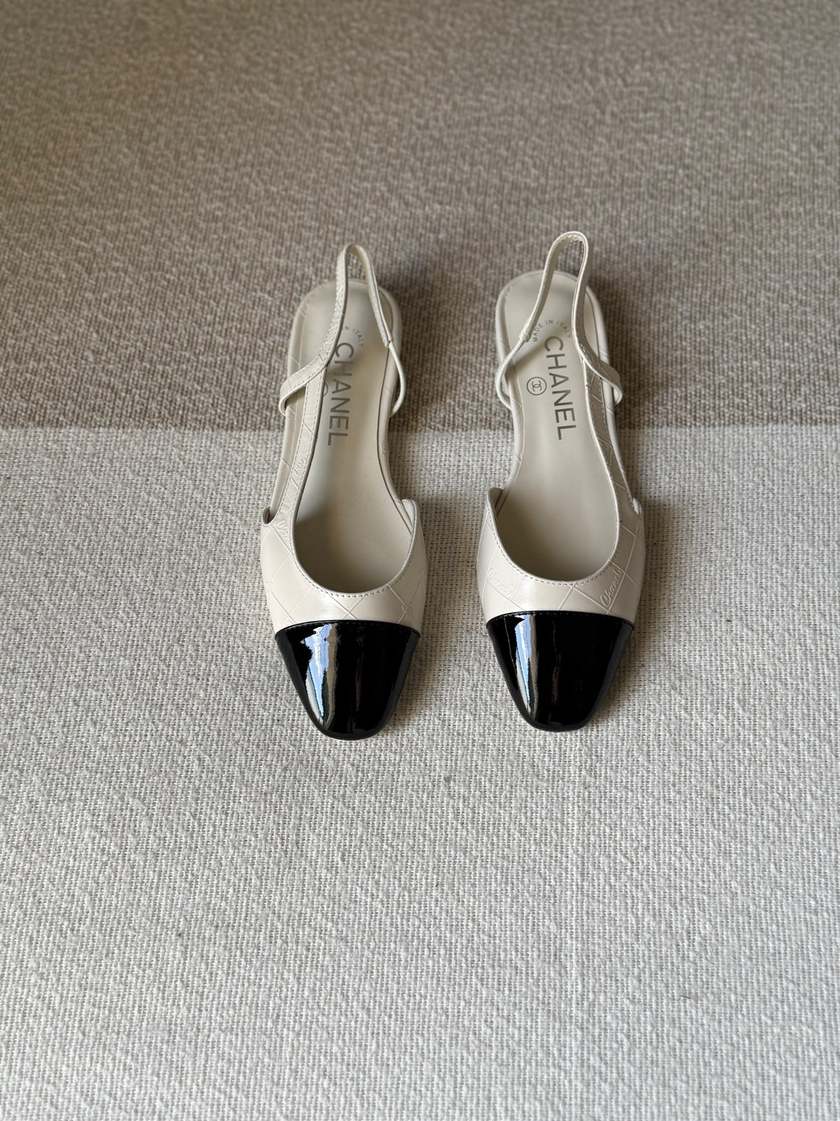 CHANEL Quilted Patent Cap-Toe Slingback Flats