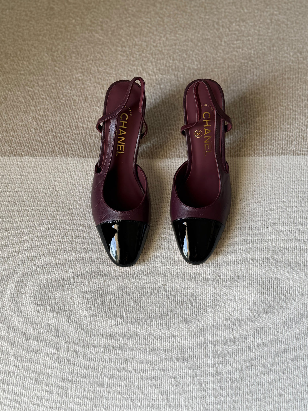 CHANEL Quilted Patent Cap-Toe Slingback Heels