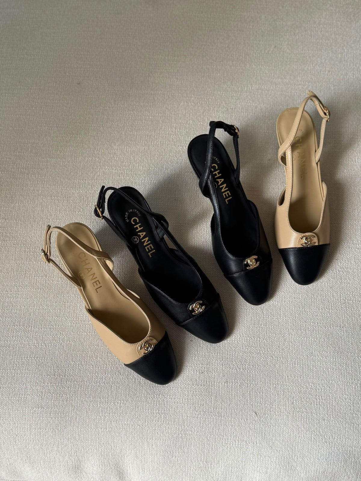 CHANEL Gold CC Cap-Toe Slingback Heels