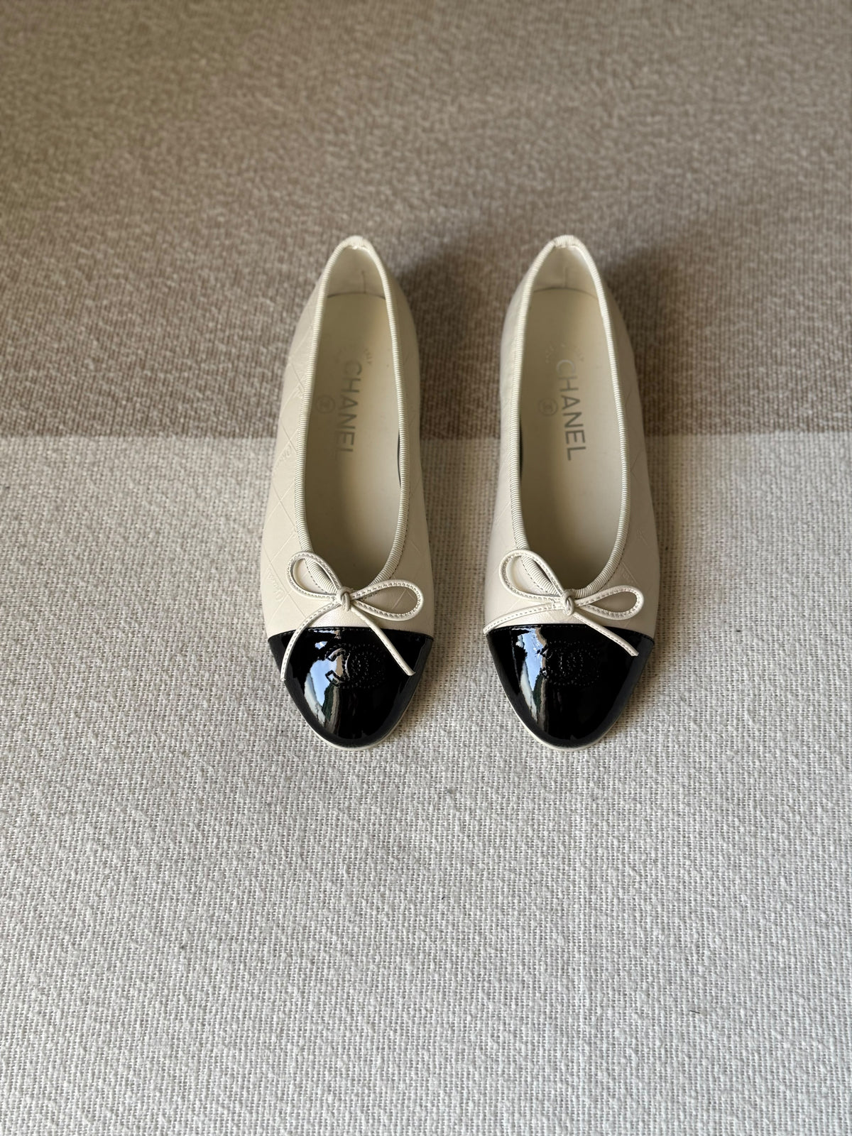CHANEL Quilted Bow Patent Cap-Toe Ballet Flats