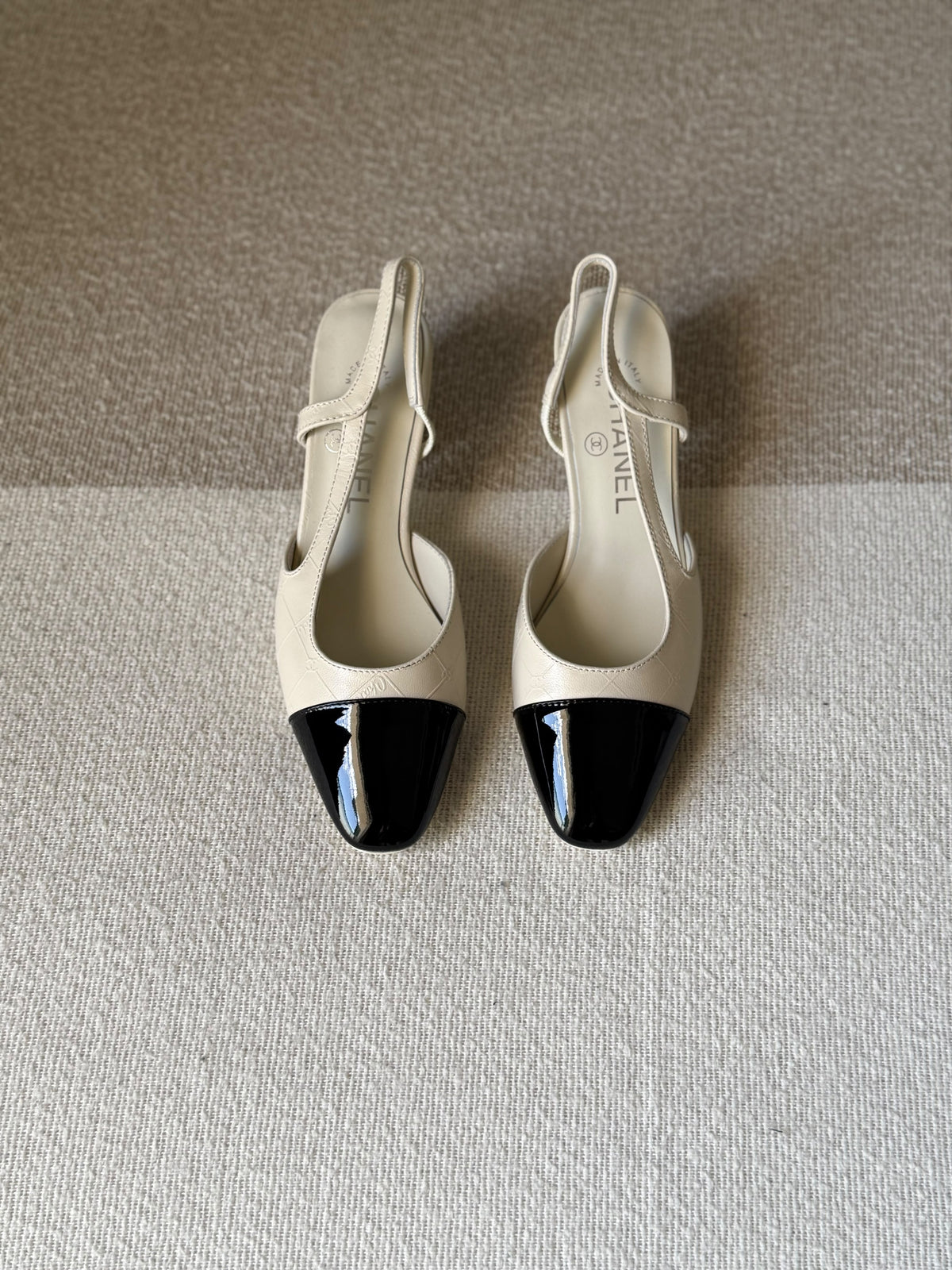 CHANEL Quilted Patent Cap-Toe Block Heels