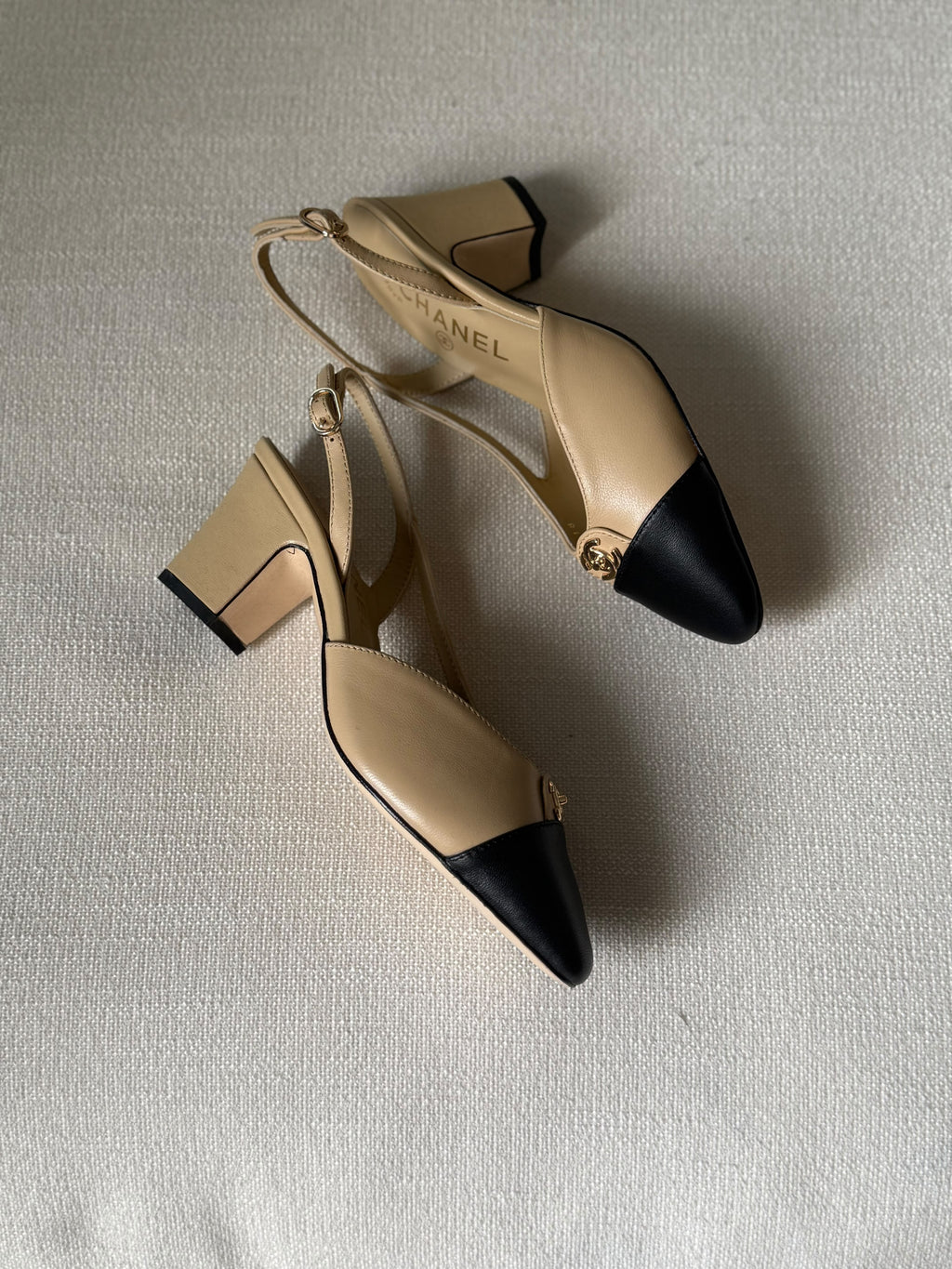 CHANEL Gold CC Cap-Toe Slingback Heels