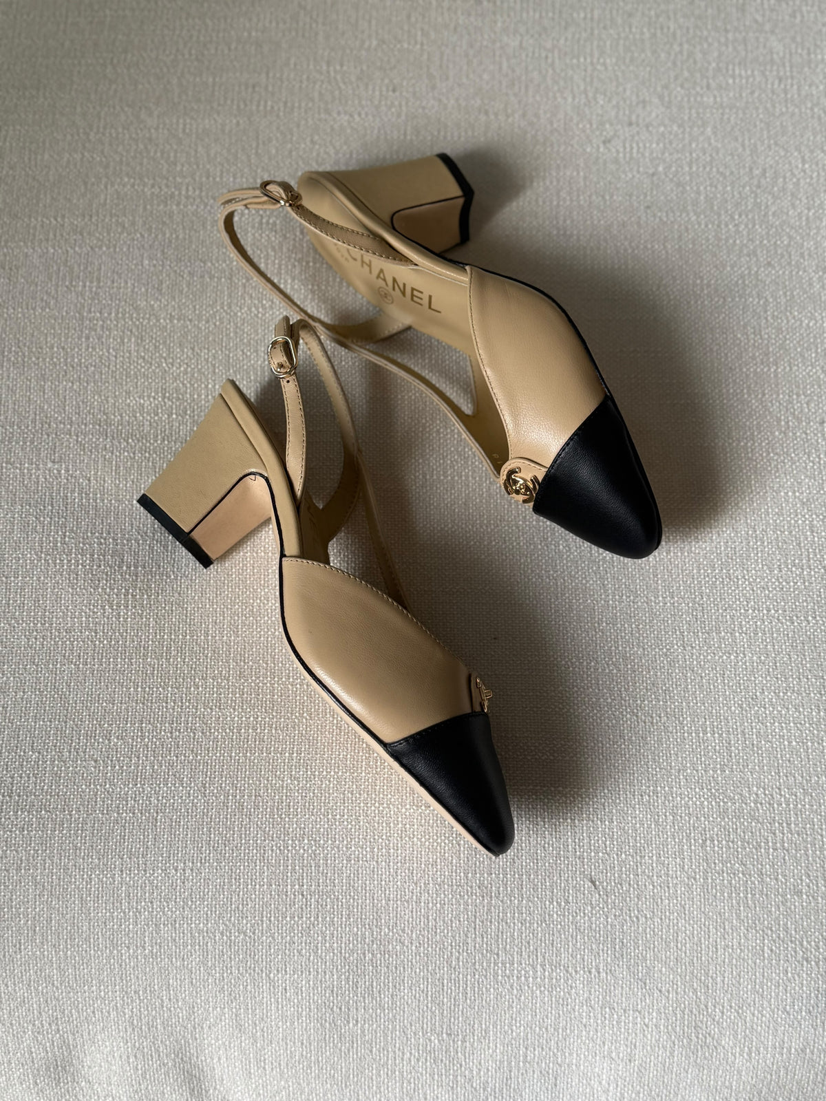CHANEL Gold CC Cap-Toe Slingback Heels