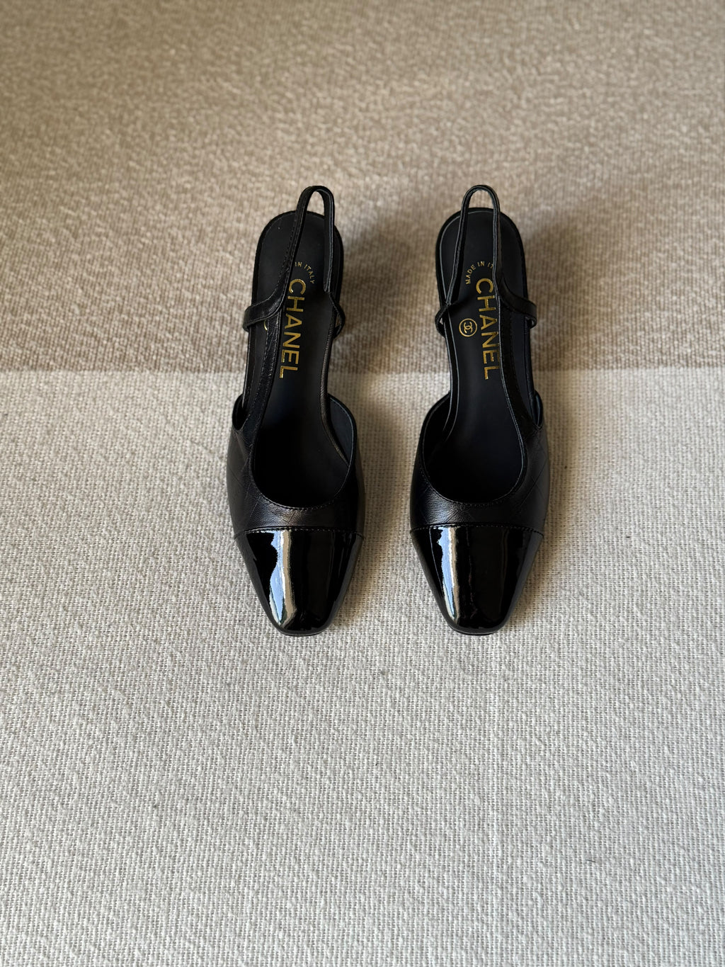 CHANEL Quilted Patent Cap-Toe Block Heels