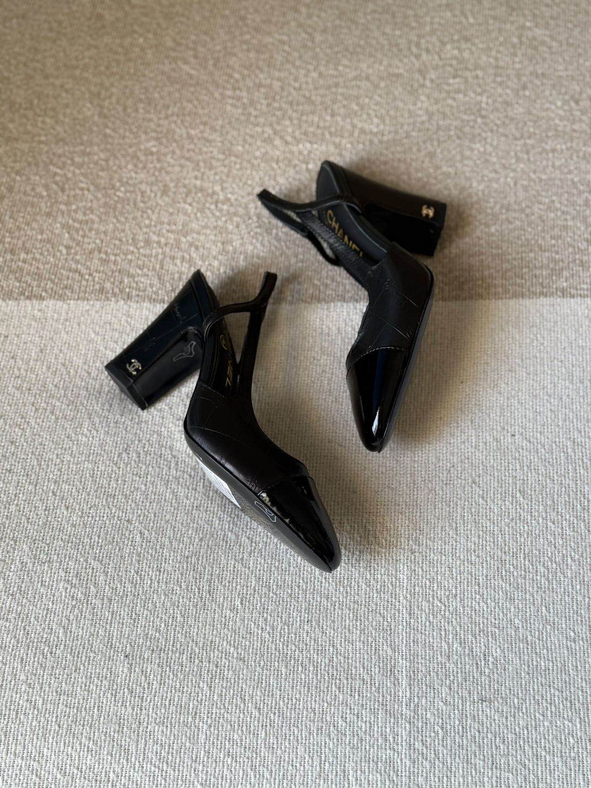 CHANEL Quilted Patent Cap-Toe Slingback Heels