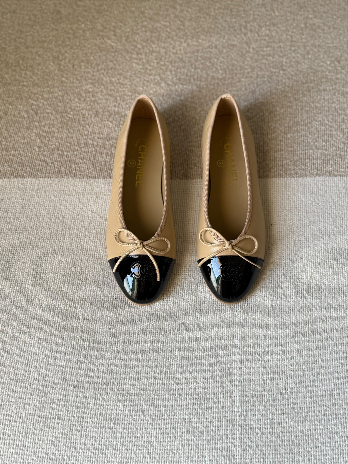 CHANEL Quilted Bow Patent Cap-Toe Ballet Flats
