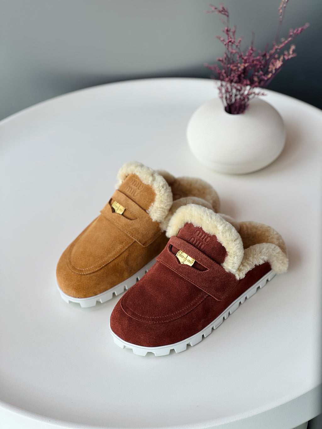 Miu Miu Shearling-Lined Suede Loafers