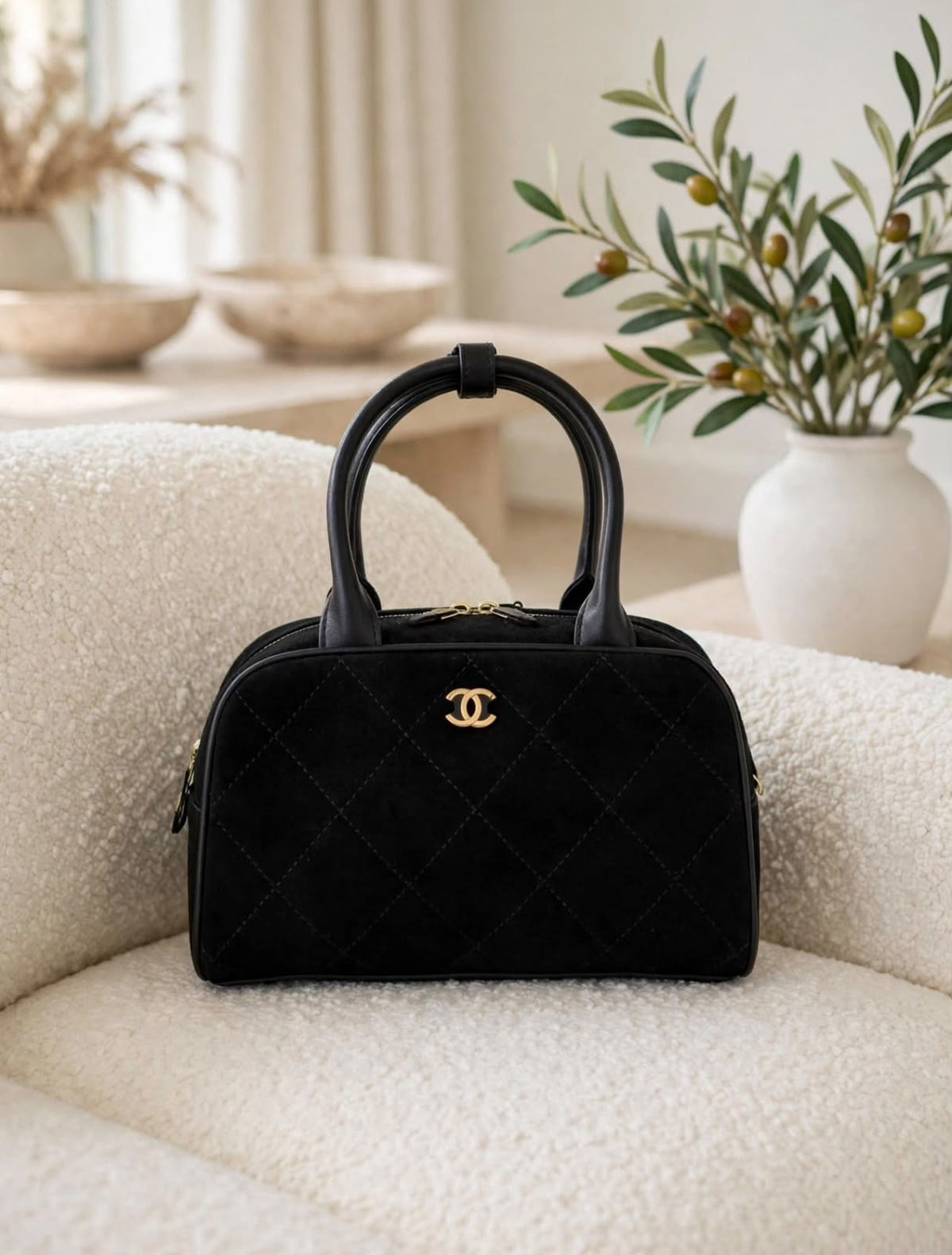 CHANEL Diamond Stitched Rounded Top Handle Bag