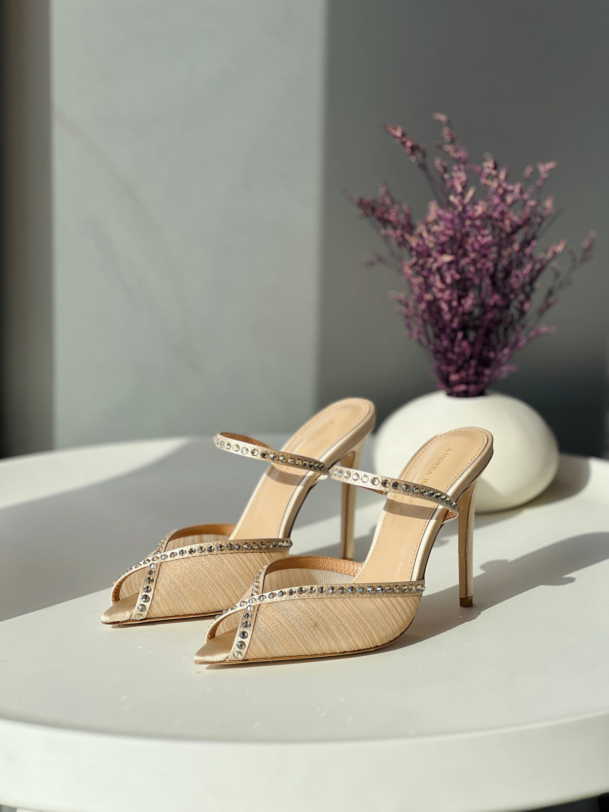 Andrea Wazen Beige Mesh Embellished Mules