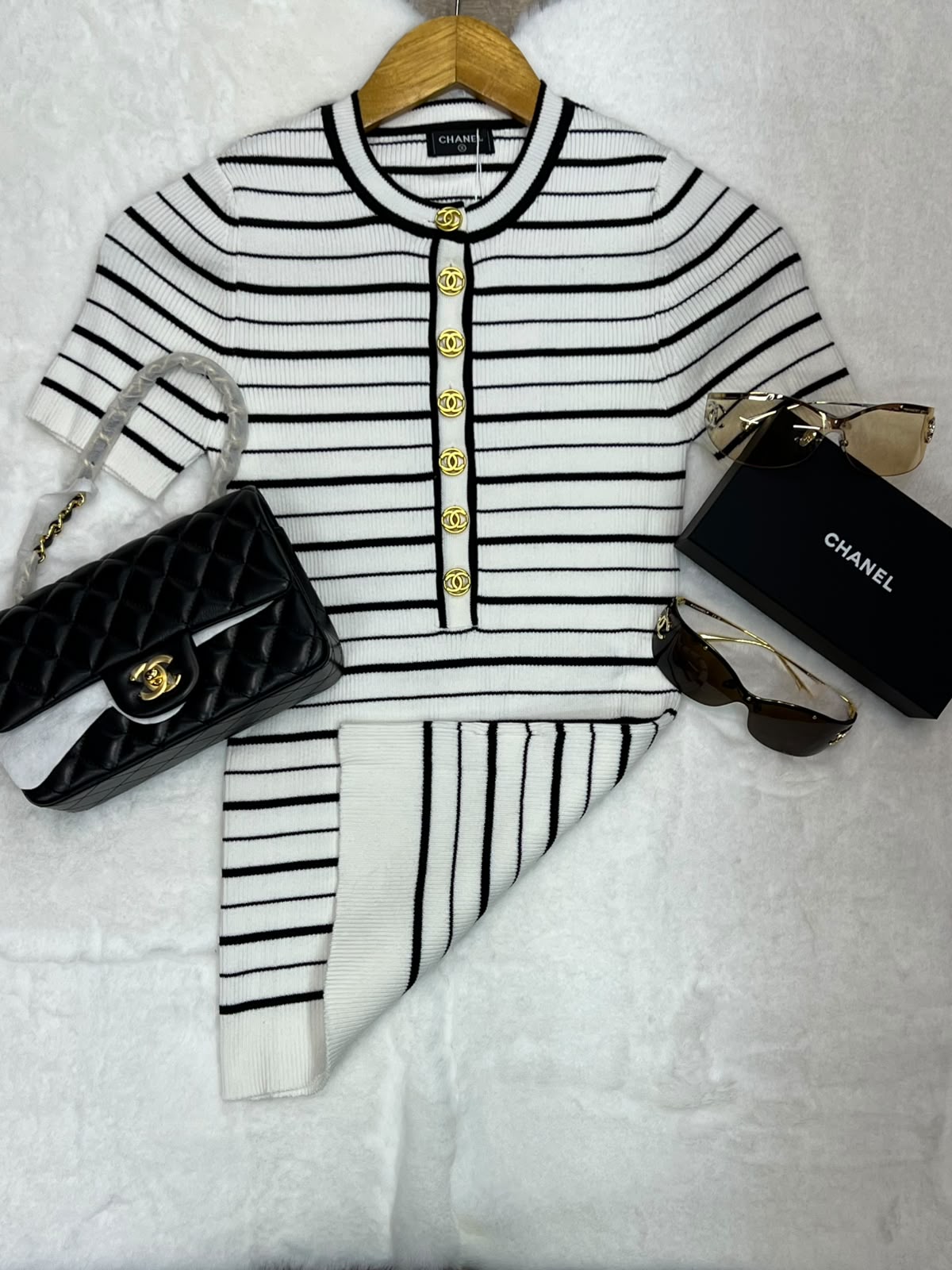 Chanel Striped Ribbed Short-Sleeve Cardigan Top with Gold CC Buttons