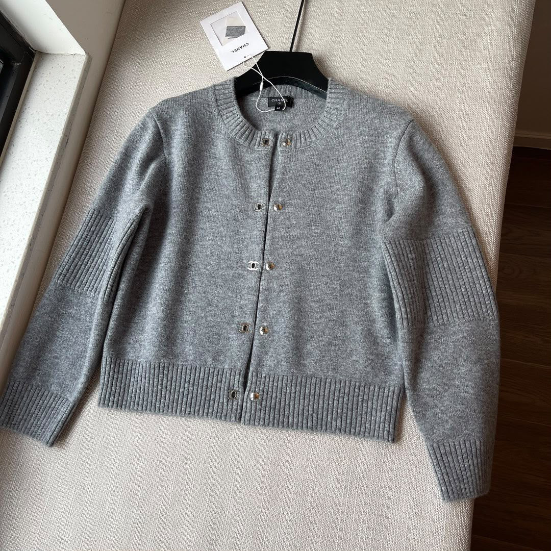 Chanel Cashmere Round-Neck Cardigan with Ribbed Sleeve Details