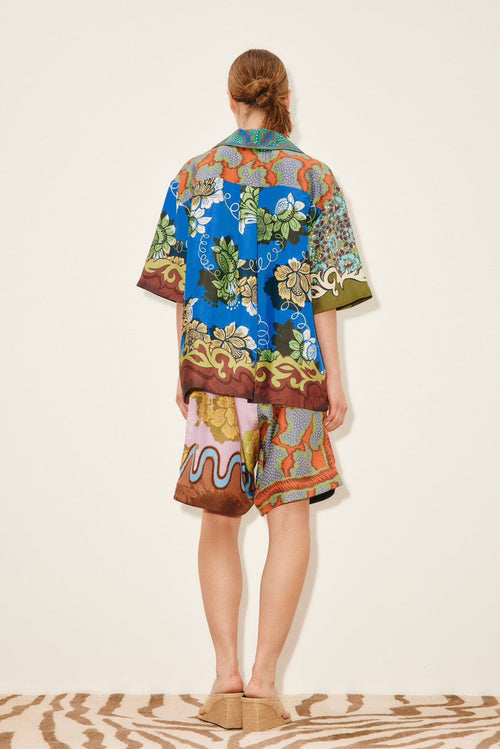 Alémais Multi-Color Patchwork Print Silk Short-Sleeve Shirt and Shorts Set
