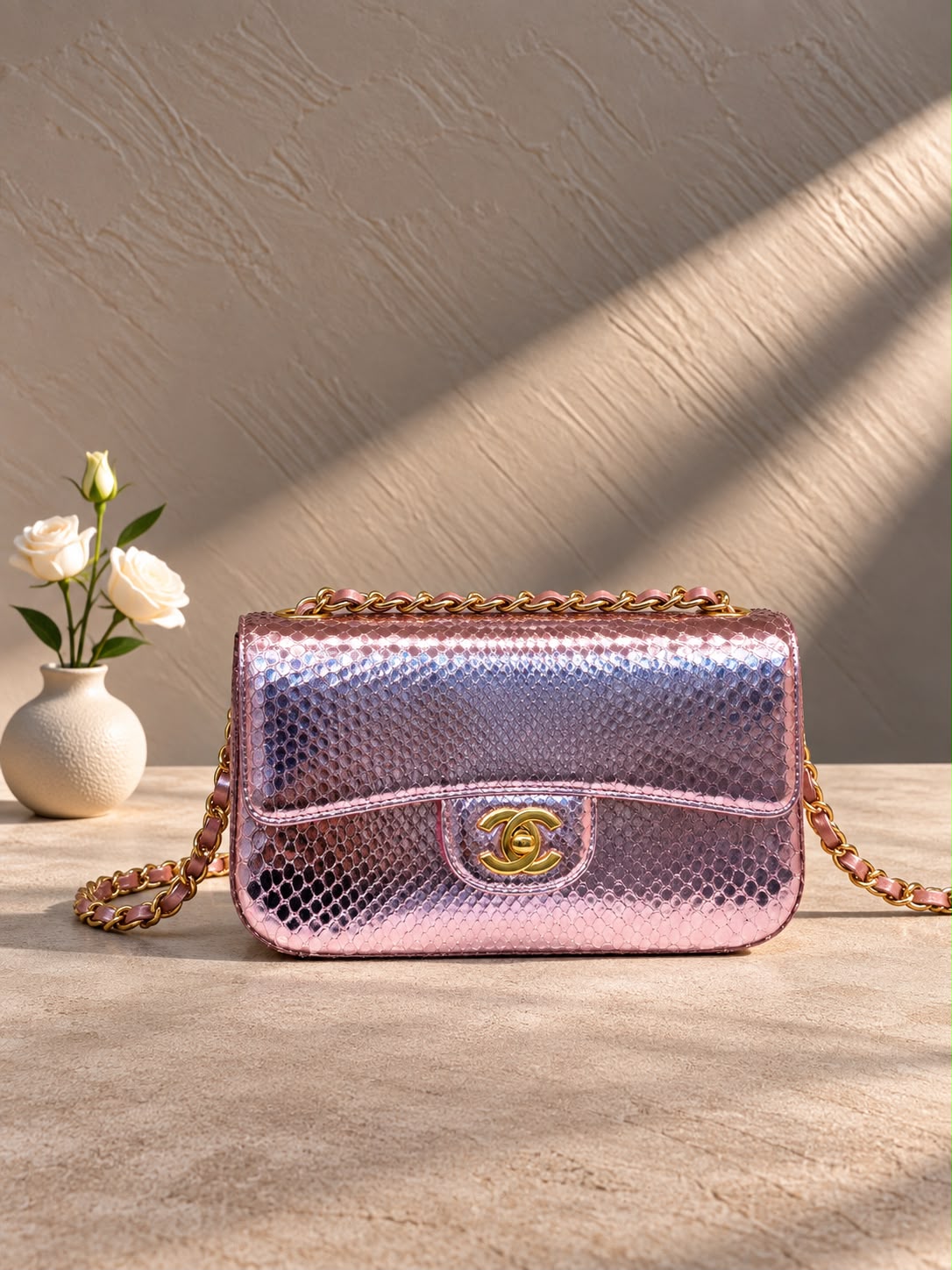 Chanel Classic Double Flap Bag in Python Leather with Chain Strap
