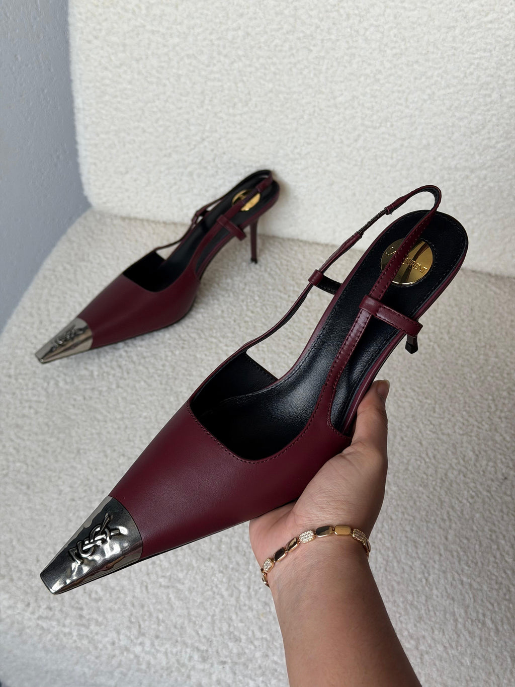 Saint Laurent Jeanne Leather Slingback Pumps with Metal Cap Toe