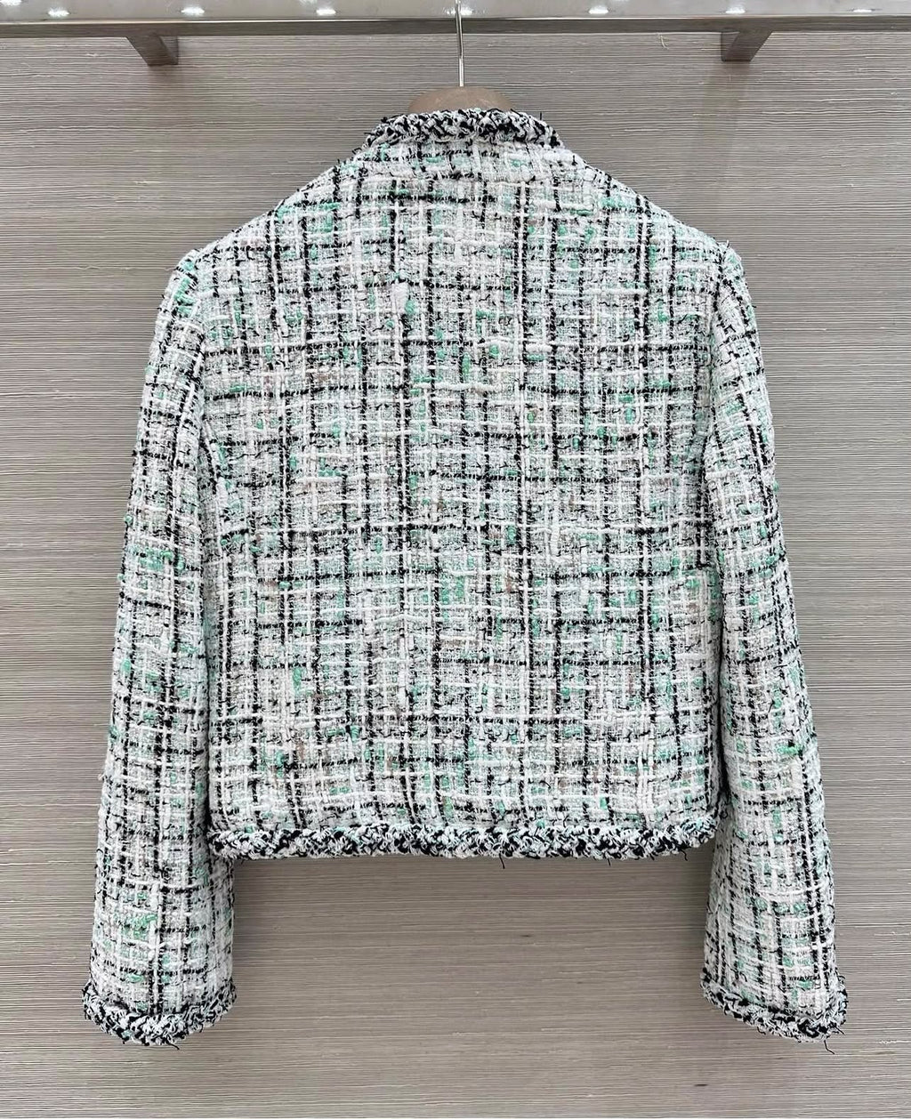 Chanel Light Mint Green & Black Plaid Tweed Fringe Trim Jacket