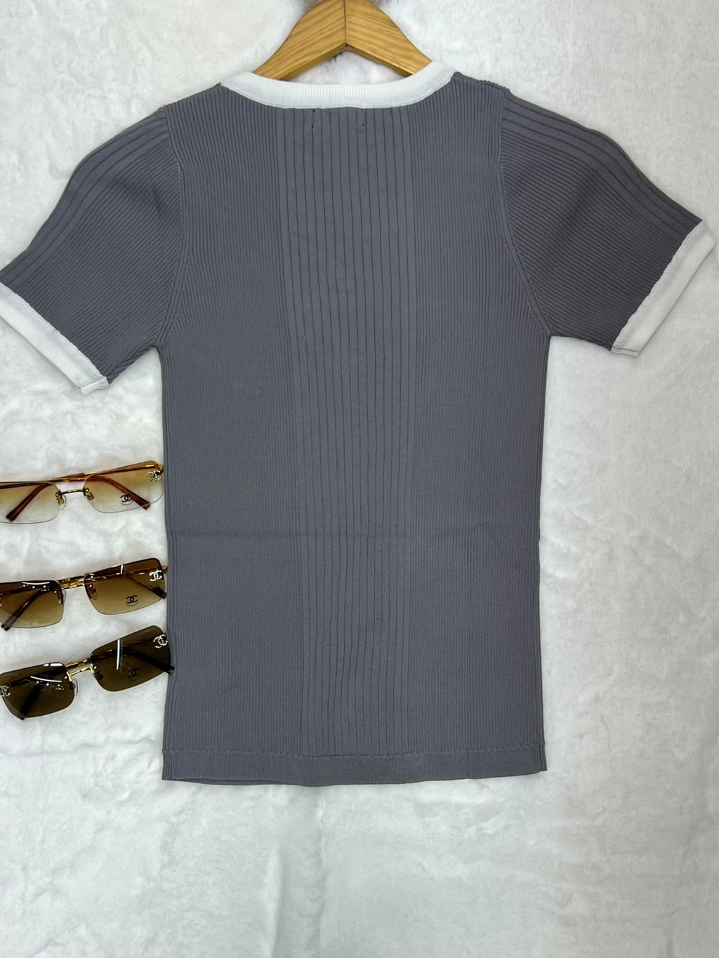 Chanel Short-Sleeve Ribbed Knit Top with Contrast Trim and CC Logo