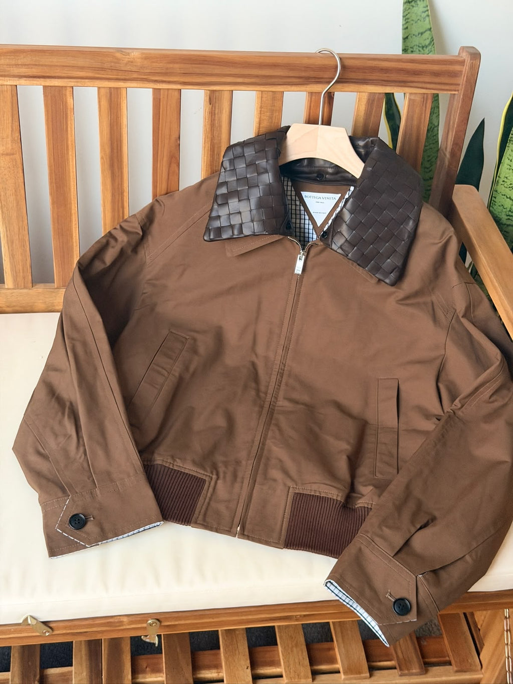 Bottega Veneta Crop Jacket with Contrast Woven Leather Collar