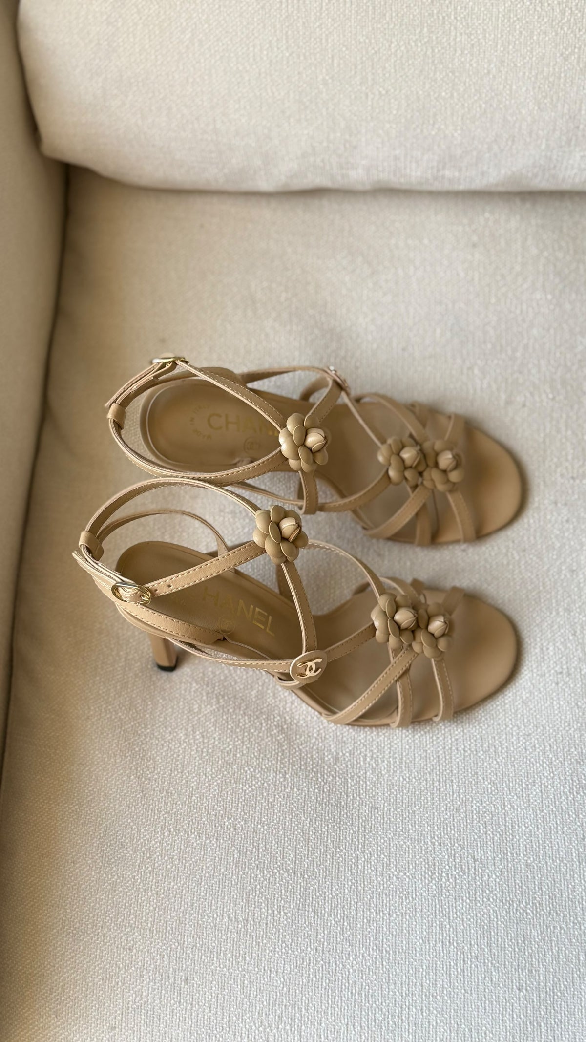 Chanel Camellia Flower Strappy Heeled Sandals