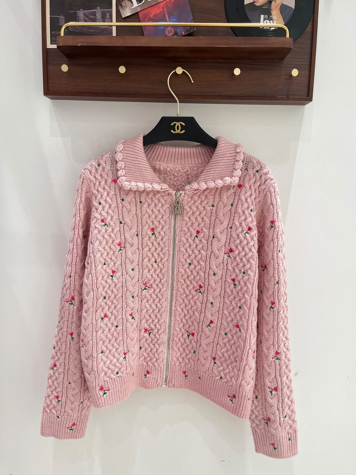 CHANEL Floral Zip-Up Knit Cardigan