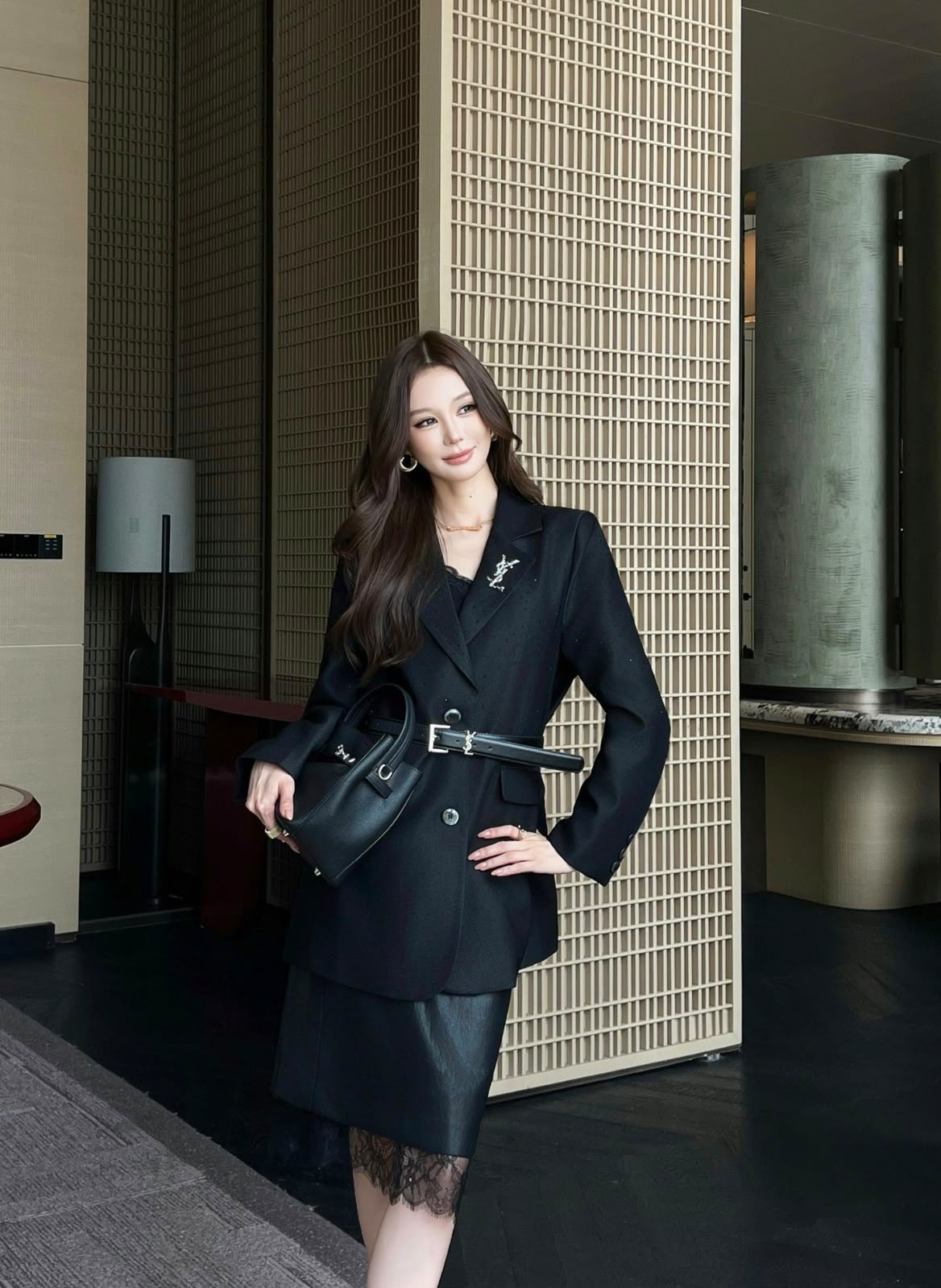 Saint Laurent Tailored Belted Blazer Jacket with YSL Brooch