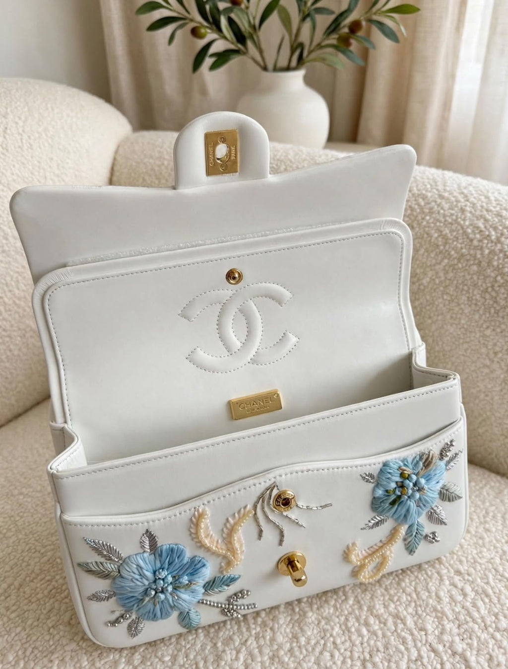 CHANEL Floral Embroidered Top Handle Flap Bag