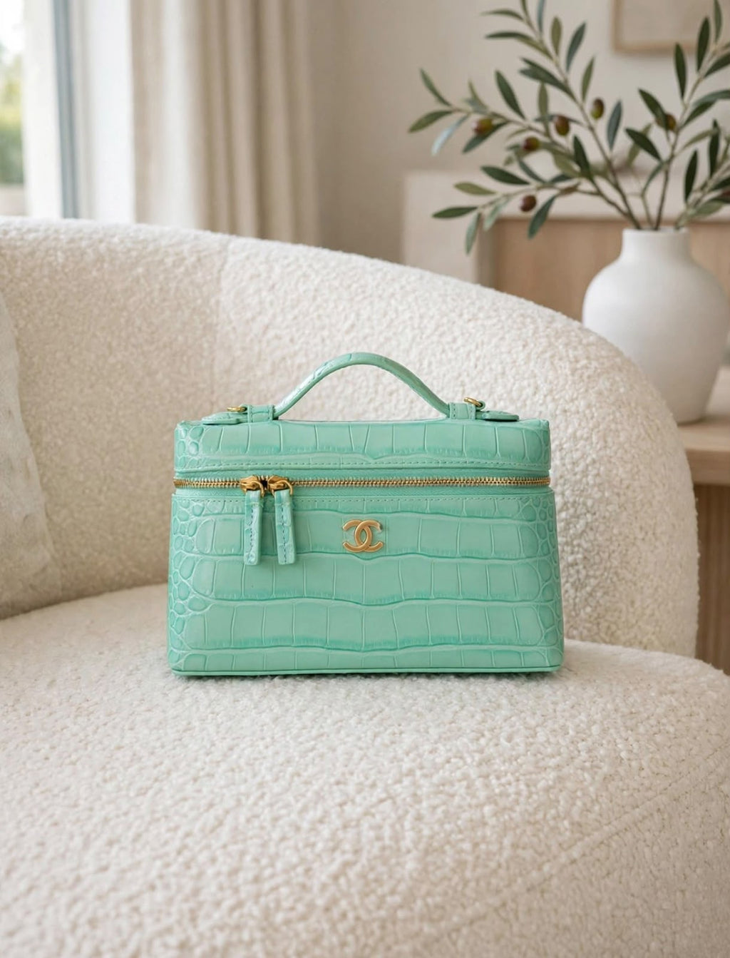 CHANEL Croc Pattern Zip Vanity Bag
