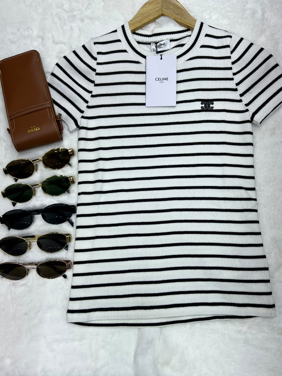 Celine Triomphe Striped Ribbed Knit Top