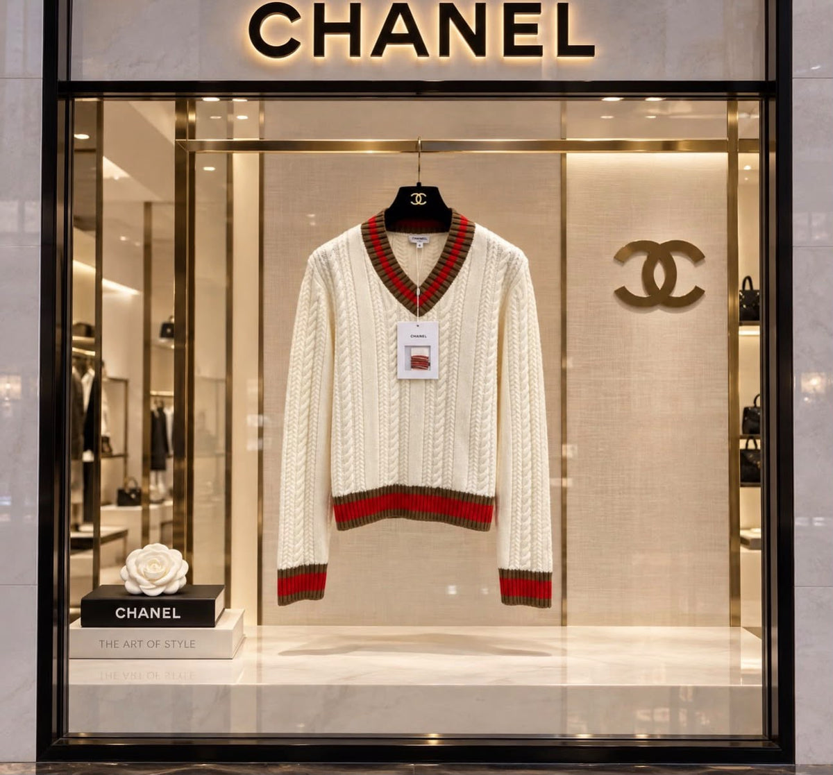 CHANEL Cable-Knit V-Neck Sweater