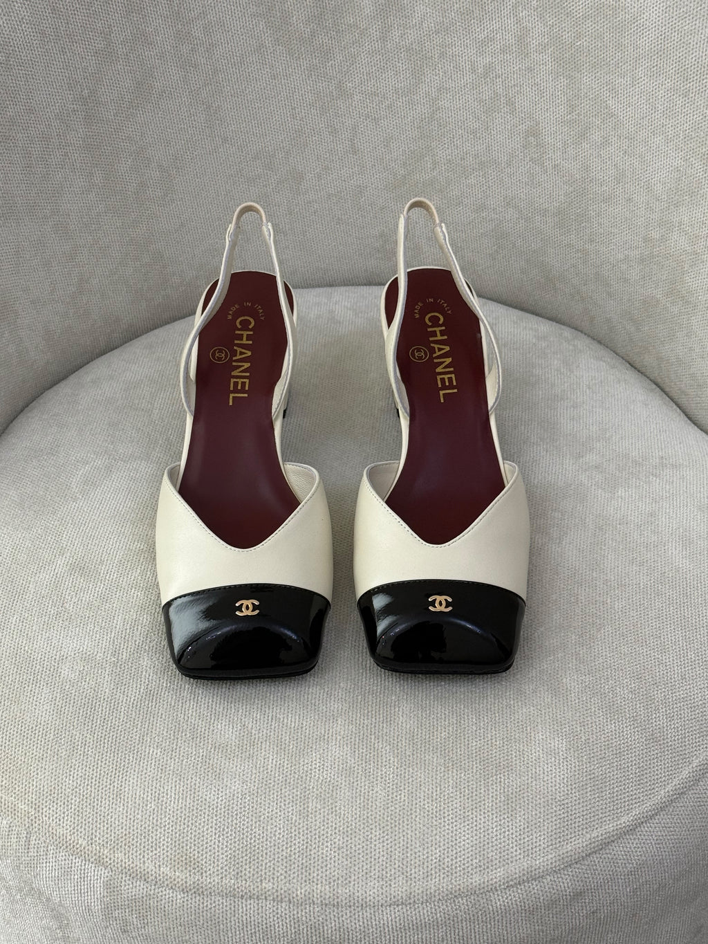 Chanel Patent Cap-Toe Slingback Pumps