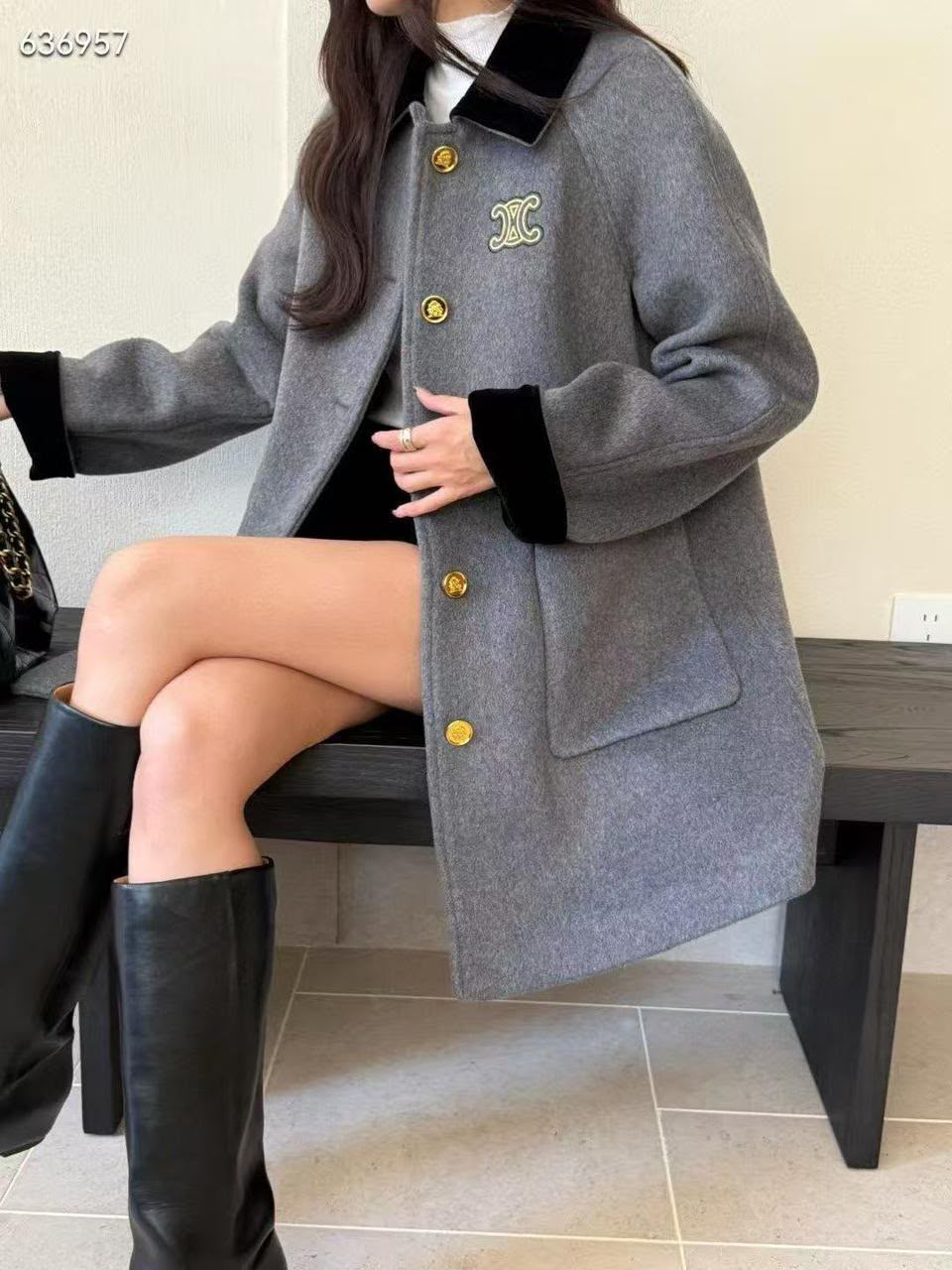 Celine Triomphe Patch Wool Coat with Velvet Collar