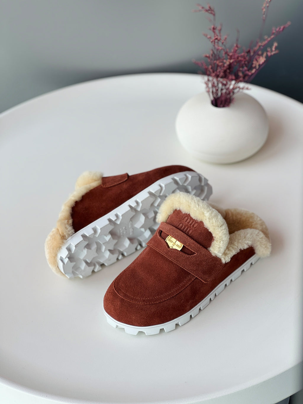 Miu Miu Shearling-Lined Suede Loafers